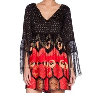 MINKPINK Mini Dress S Dancing Cranes Fringe Sleeve Bohemian Hippie Chic Oriental